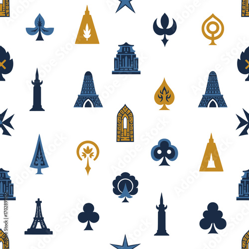 Parisian Landmarks and Playing Card Suits Seamless Pattern.