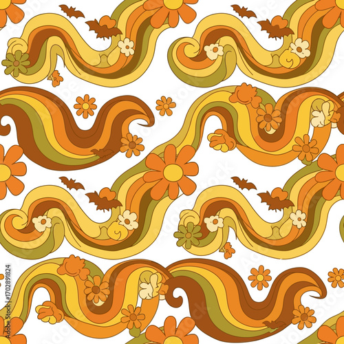 Retro Groovy 70s Seamless Pattern with Flowers and Waves.