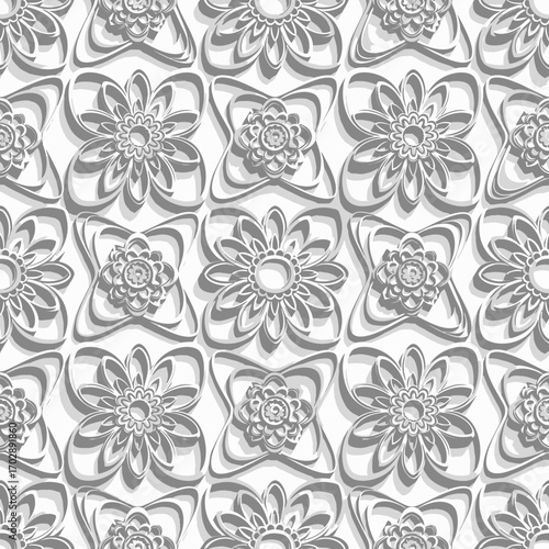 Seamless 3D white floral and geometric embossed pattern background.