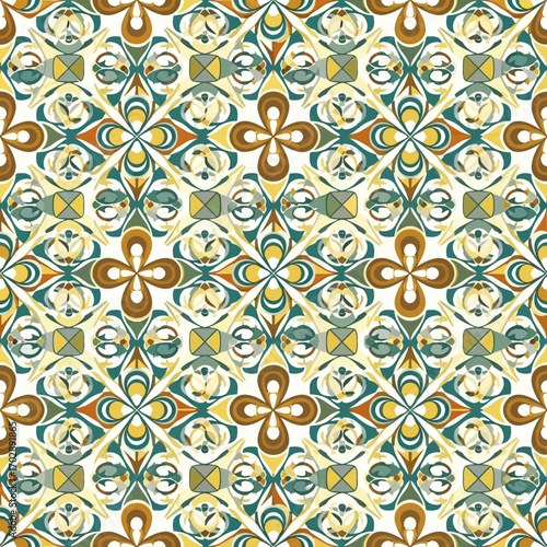 Seamless Abstract Pattern with Geometric Floral Motifs and Vibrant Colors.