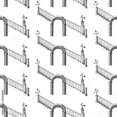 Seamless architectural pattern of vintage staircases with arches.