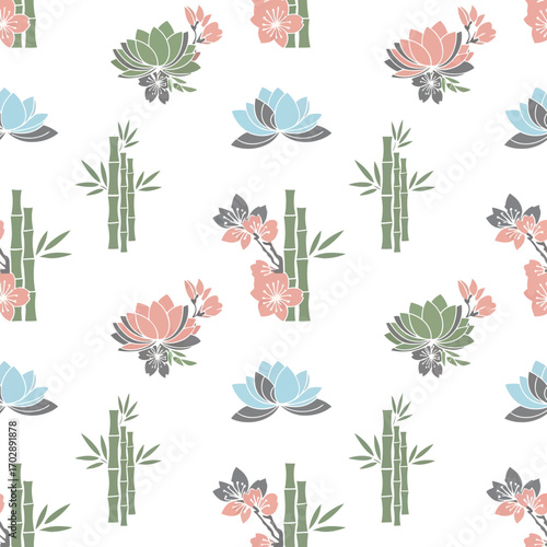 Seamless Asian botanical pattern with bamboo lotus and succulent flowers.
