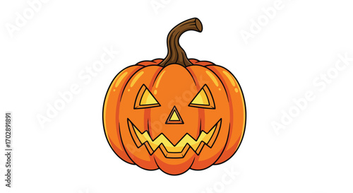 Vibrant illustration of a jack-o'-lantern featuring a spooky smiling face carved into a bright orange pumpkin with a strong graphic style