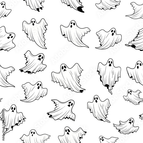 Seamless Halloween pattern of spooky hand drawn ghosts on a white background.