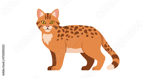 Illustration of a striking Bengal cat standing elegantly against a clean white backdrop, showcasing its distinctive rosette pattern and golden eyes