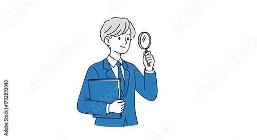 Curious Business Professional Examining Documents with Magnifying Glass