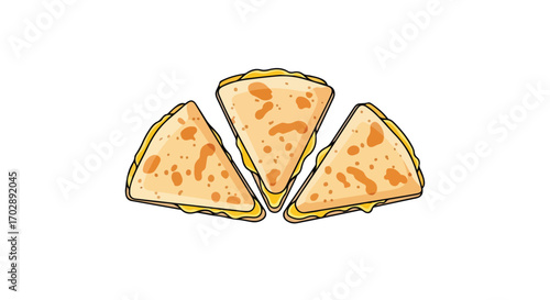 Graphical display of three cartoon quesadillas with melted cheese on a white background, presented in a triangular form and delicious looking