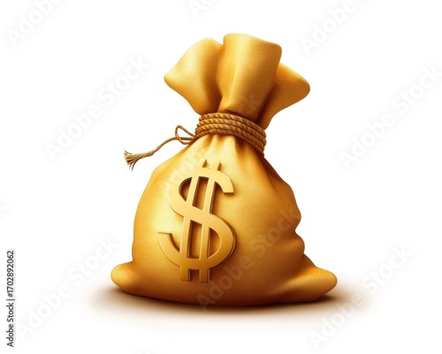 Golden money bag with dollar sign and rope isolated on white background