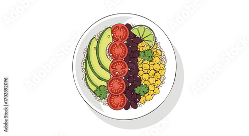 Vibrant veggie bowl illustration: a colorful and appetizing vegan culinary creation showcasing fresh avocado tomatoes and healthy black beans on a