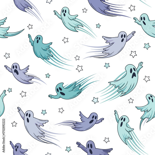 Seamless pattern of cute cartoon ghosts flying among stars.
