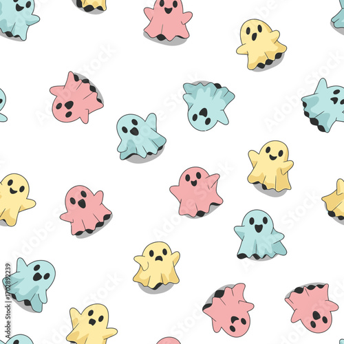 Seamless Pattern of Cute Colorful Kawaii Ghosts for Halloween.