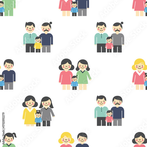 Seamless pattern of diverse family icons with gay and lesbian couples.
