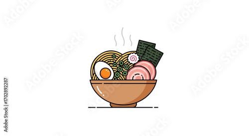 Stylized ramen bowl brimming with delectable toppings, a delightful illustration showcasing the richness of asian cuisine and culinary artistry