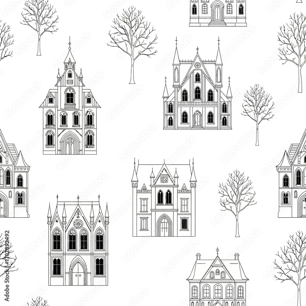 Naklejka premium Seamless pattern with gothic houses and trees.