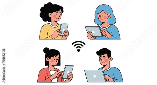 Connected People Sharing Media via Devices - Social Connectivity Illustration
