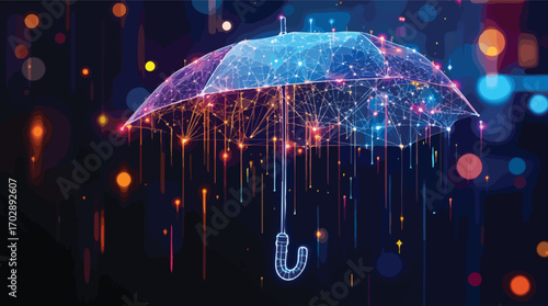 Geometric Digital Umbrella with Glowing Network and Falling Lights on Dark Background technology.