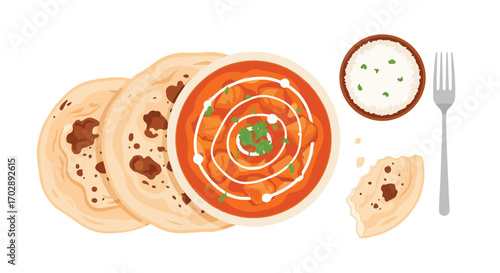 Delectable spread: Flatbreads, aromatic butter chicken, fluffy rice, and a gleaming fork on a pristine white setting