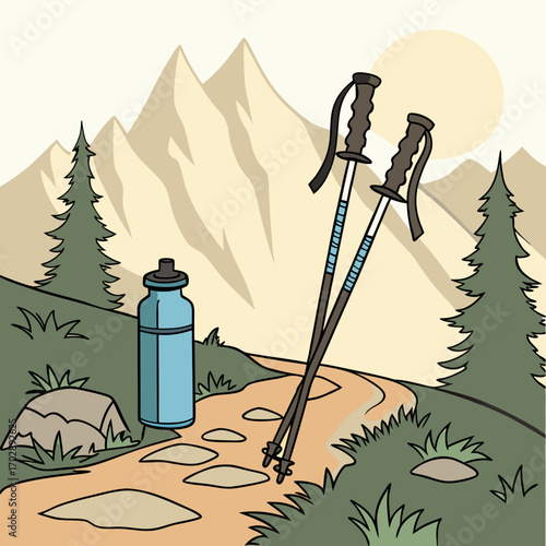Hiking Trail Illustration:  Beige Mountains, Blue Water Bottle, Walking Sticks