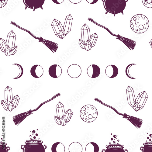 Seamless Witchcraft Pattern with Brooms Crystals and Moon Phases.