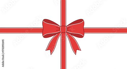 Delicate crimson ribbon and bow gracefully adorning a pristine white backdrop, exuding festive elegance and celebratory charm symbolizing gifts and