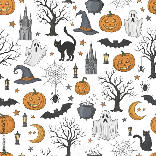 Spooky Halloween Pattern with Pumpkins Ghosts and Bats.