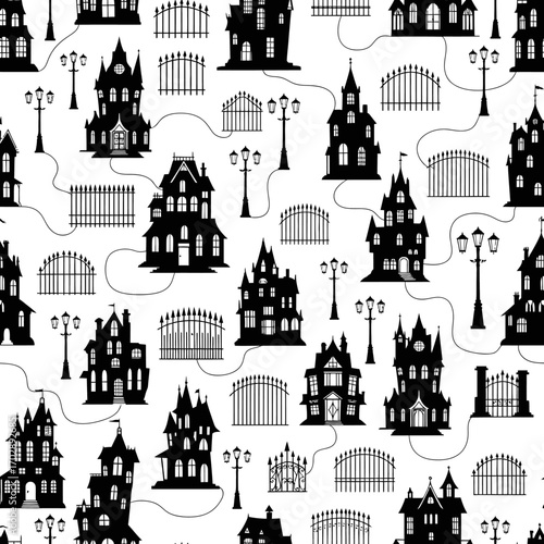 Spooky Halloween seamless pattern with black haunted house silhouettes gates and street lamps on a white background.