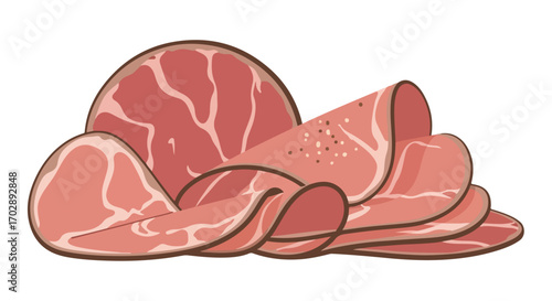 Stylized illustration of thinly sliced deli meat with a delicate marbling pattern presented on a stark white backdrop creating a modern culinary