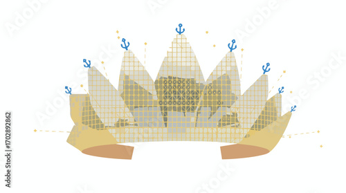 Stylized Crown with Anchors and Geometric Mosaic Pattern on White Background nautical maritime.