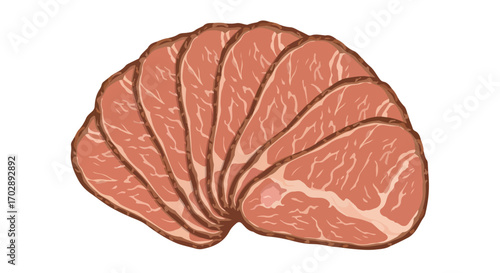Arrangement of deli sliced roast beef against a plain white backdrop offering a detailed view of meat texture 50 character