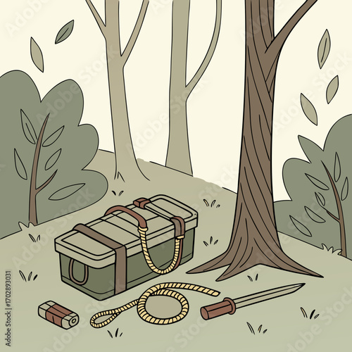 Olive Green Box with Gear in a Forest Setting