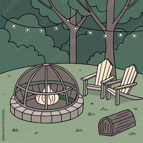 Peaceful Night Scene with Fire Pit and String Lights