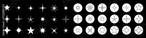 Set of abstract stars and shapes in white round frames, for logos or icons. Vector set. y2k style. EPS 10.