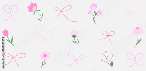 Cute seamless pattern of pink bows and flowers. Gift design for postcards, wallpapers, greeting cards. Vector image for room design