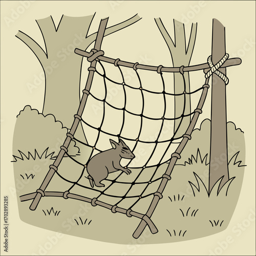 Rodent Caught in a Simple Wooden Net Trap in a Forest Illustration