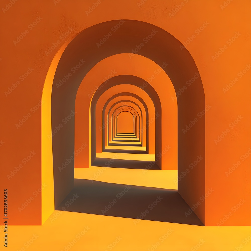 Fototapeta premium Arched Orange Corridor with Repeating Archways and Strong Shadows