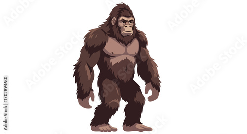 Illustration of a prehistoric ape-like creature standing upright with a serious expression and detailed fur texture