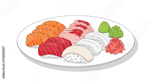 Assorted Sushi Platter Featuring Fresh Fish and Vegetables Arranged Elegantly on a White Ceramic Plate for Dining or Culinary Presentation