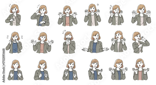 Various expressions and gestures of a woman in office attire