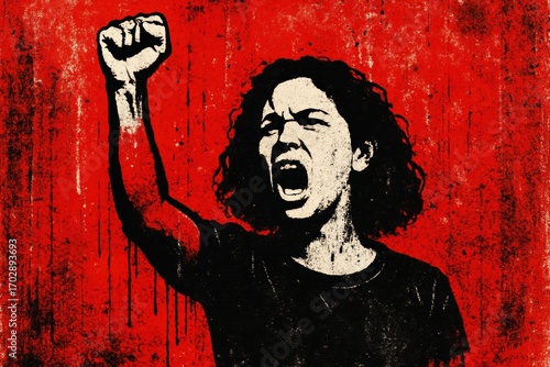 Defiant woman with raised fist in bold red graffiti art. Use for social justice campaigns, protest awareness posters, activist movement graphics, and human rights advocacy.
