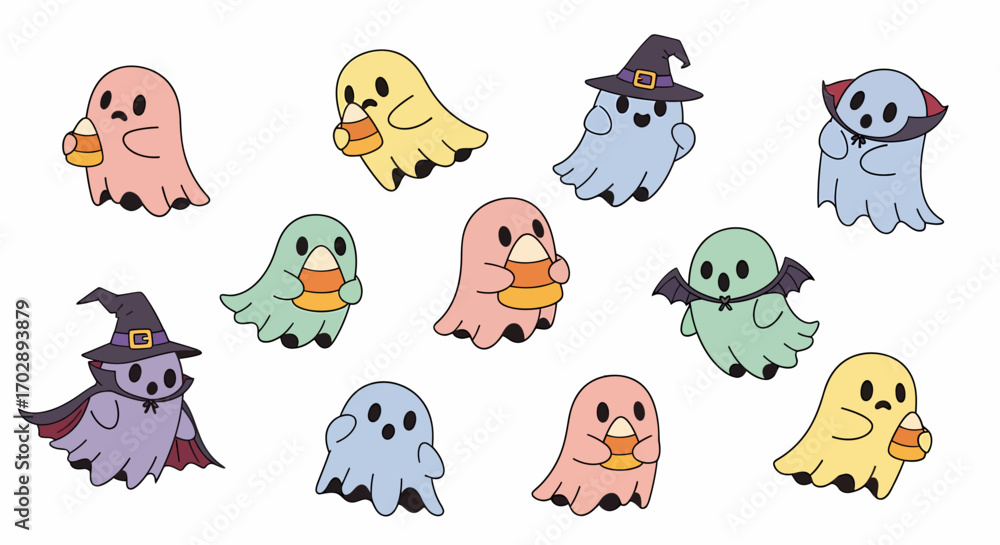 Obraz premium A charming collection of hand drawn cartoon flying ghost characters celebrating Halloween with candy corn, perfect for festive party invitations and decorations