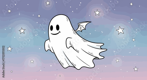 Hand Drawn Cartoon Flying Ghost A Whimsical Spirit in a Starry Night Sky