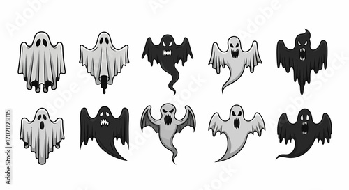 Collection of diverse hand-drawn cartoon flying ghost illustrations, ideal for Halloween and spooky themes, conveying a sense of playful fright
