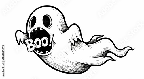 Hand Drawn Cartoon Flying Ghost Saying Boo! - Spooky and Fun Illustration