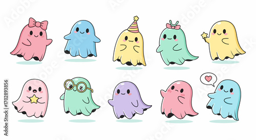 A charming collection of hand drawn cartoon flying ghost characters, each with unique adorable expressions and whimsical accessories, perfect for spooky yet cute designs and Halloween themes