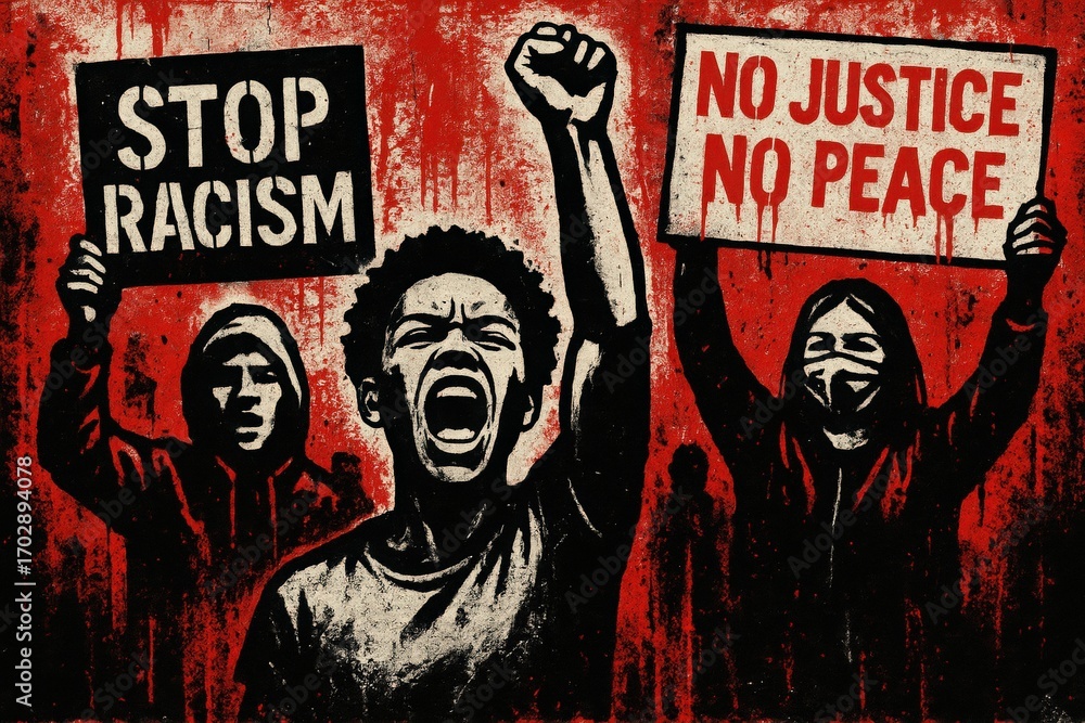 Naklejka premium Protest graffiti with signs demanding justice. Use for equality promotion, human rights movements, education campaigns, and activism awareness.