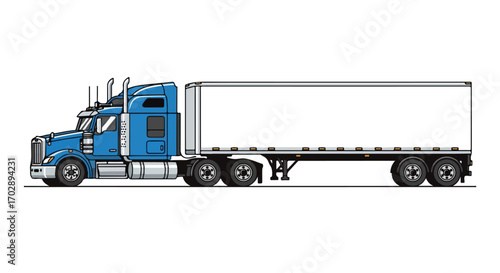 Illustration of a modern blue and gray semi-truck with detailed cab and cargo trailer showcasing transportation vehicles in a sleek style 150