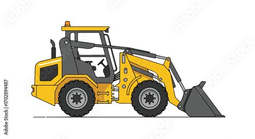 Simplified cartoon-style construction front loader vehicle with yellow and black color scheme suitable for educational materials and kid's