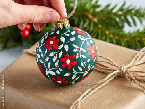 Hand painted wooden ornament with red floral pattern being tied with twine, festive and cheerful holiday decoration