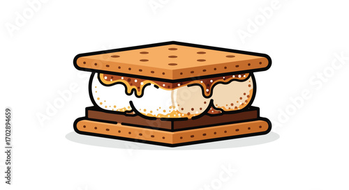 Cartoon-style illustration of a classic s'mores dessert with graham crackers, marshmallow filling, and melty chocolate on a simple white background