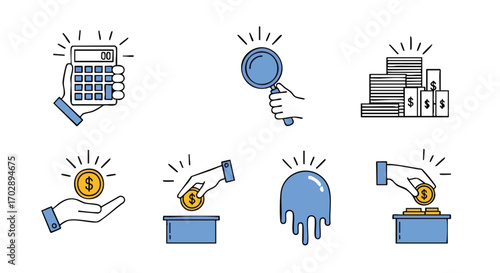 Financial Icons Calculation, Magnifying Glass, and Coin Placement